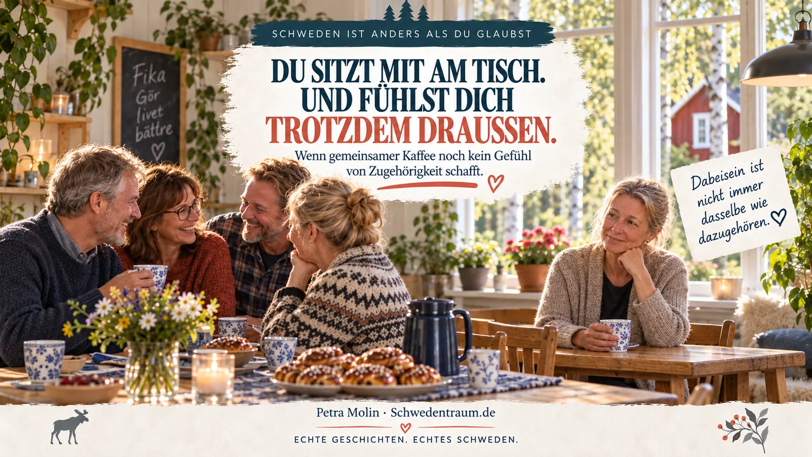 Menschen sitzen am Tisch und nehme eine Fika, eine Frau sitzt aber deutlich mehr im Abseits