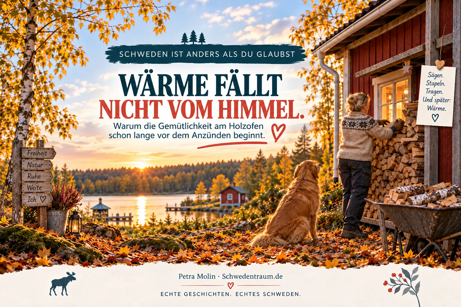 Rotes Hozhaus am VänernEine Frau stapelt an einem Herbstabend Holzscheite neben einem roten Holzhaus; ein Hund sitzt in ihrer Nähe.