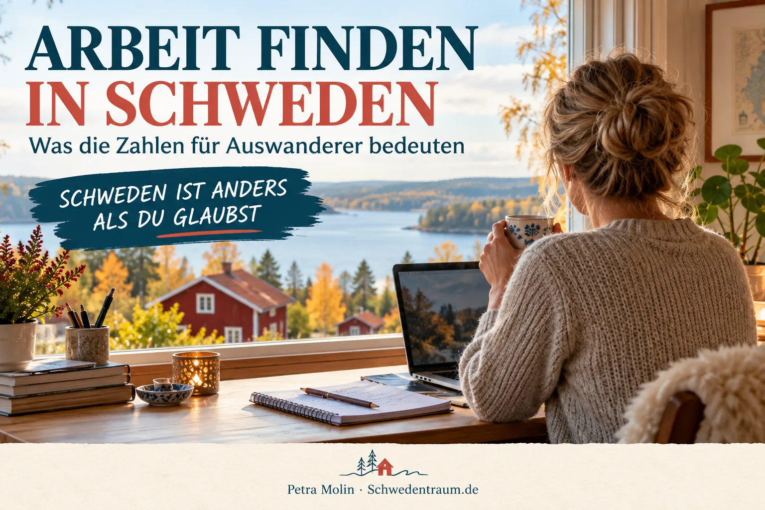 KI-generierte Szene mit einer Frau am Schreibtisch, Notizbuch und Laptop vor einem Fenster mit schwedischer Herbstlandschaft.