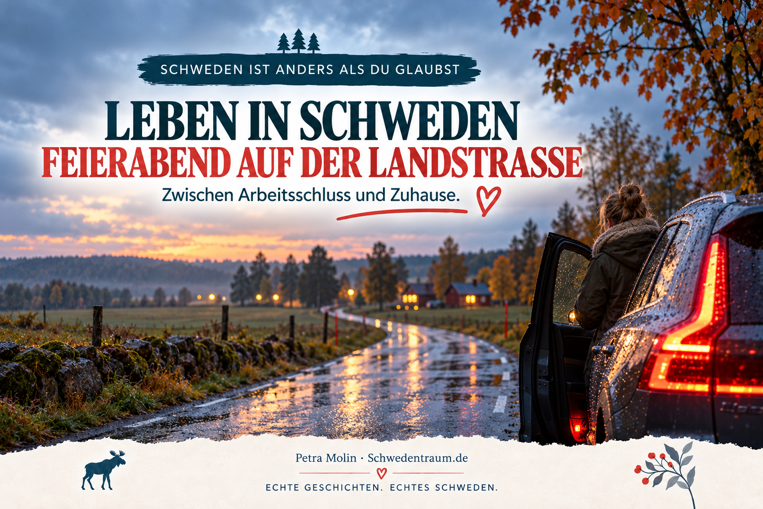 Blogbild „Leben in Schweden – Feierabend auf der Landstraße“: Eine Frau steht an ihrem Auto neben einer regennassen Landstraße zwischen Feldern in der Dämmerung.