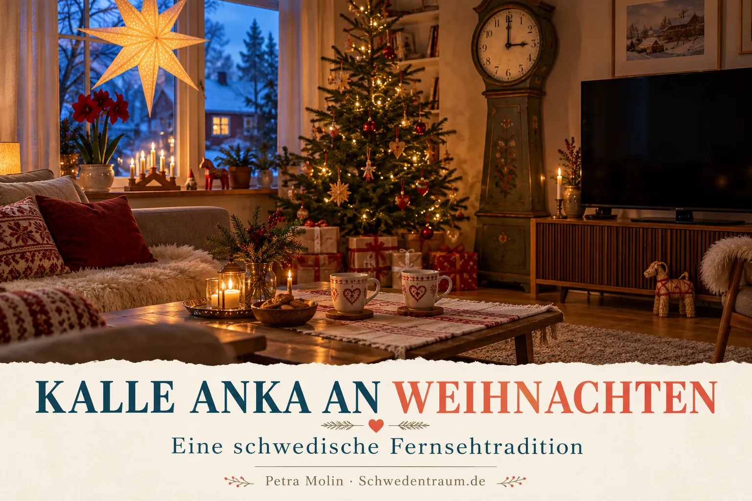 Ein weihnachtliches Wohnzimmer mit Fernseher, einer Uhr auf 15 Uhr, Tassen auf dem Tisch und einem leuchtenden Stern im Fenster.