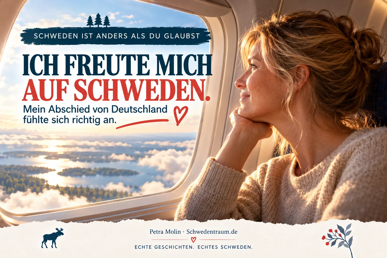 KI-generiertes Motiv: Eine lächelnde Frau sitzt am Flugzeugfenster und blickt auf Wolken und eine Seenlandschaft.