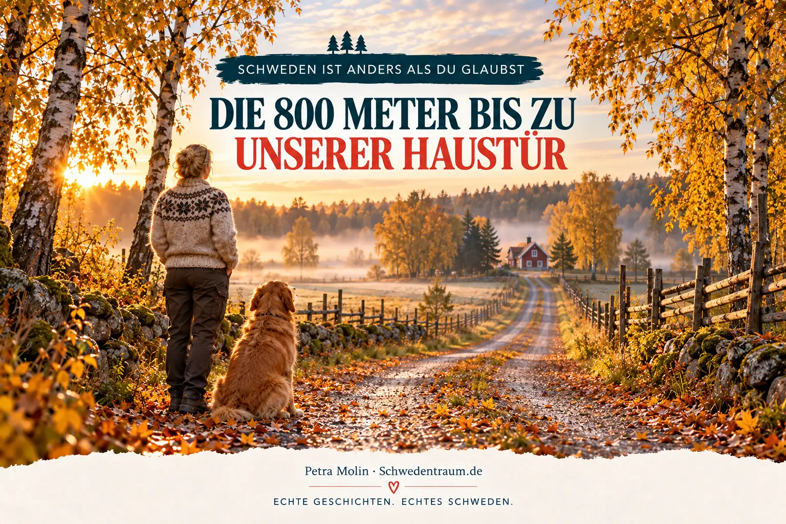 Illustriertes Herbstmotiv: Eine Frau steht mit einem Hund an einem langen Weg; am Ende liegt ein rotes Haus zwischen Bäumen.