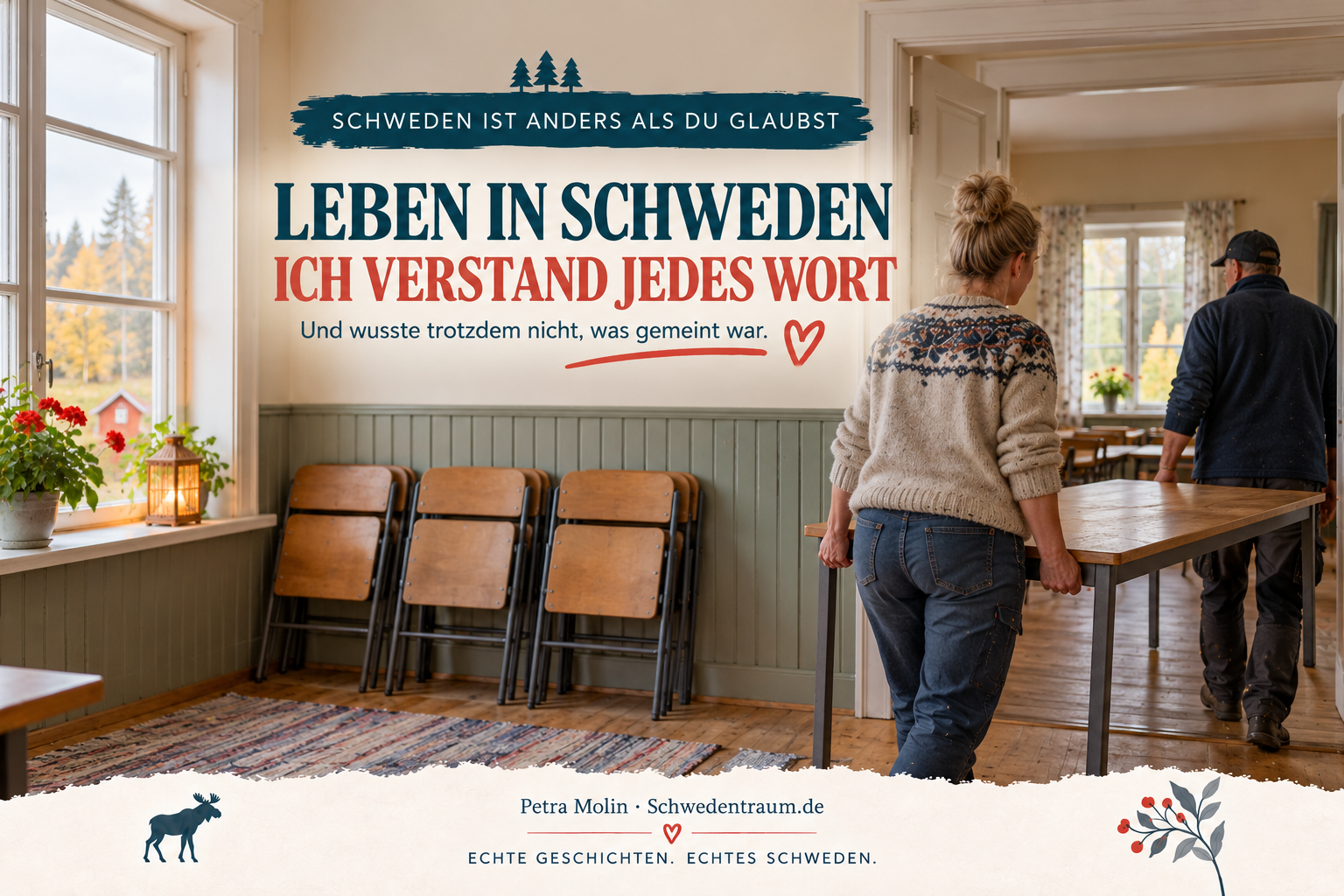 Blogbild „Leben in Schweden – Zwischen den Worten“: Zwei Personen stehen mit einem Tisch und Stühlen in einem schwedischen Gemeinderaum; eine schaut nachdenklich zur anderen.