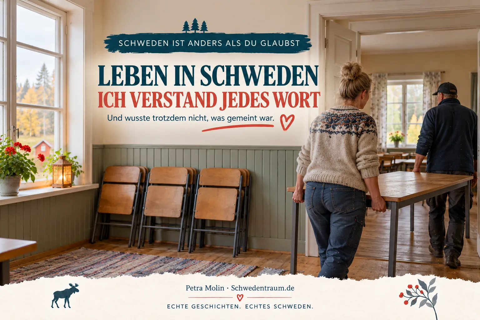 Blogbild „Leben in Schweden – Zwischen den Worten“: Zwei Personen stehen mit einem Tisch und Stühlen in einem schwedischen Gemeinderaum; eine schaut nachdenklich zur anderen.