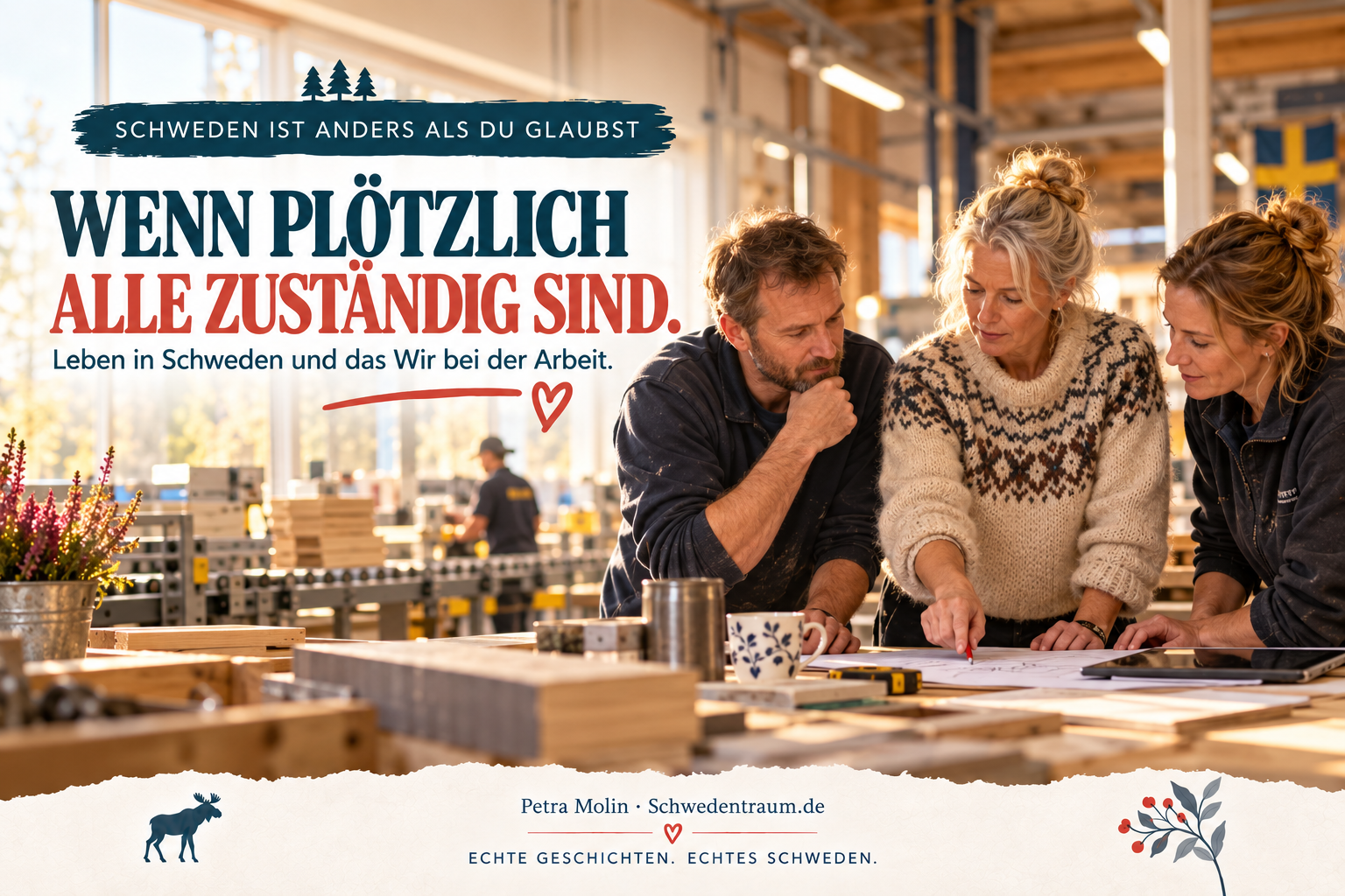 Eine Frau und zwei Kollegen stehen an einem Arbeitstisch. Daneben steht die Überschrift „Wenn plötzlich alle zuständig sind“.