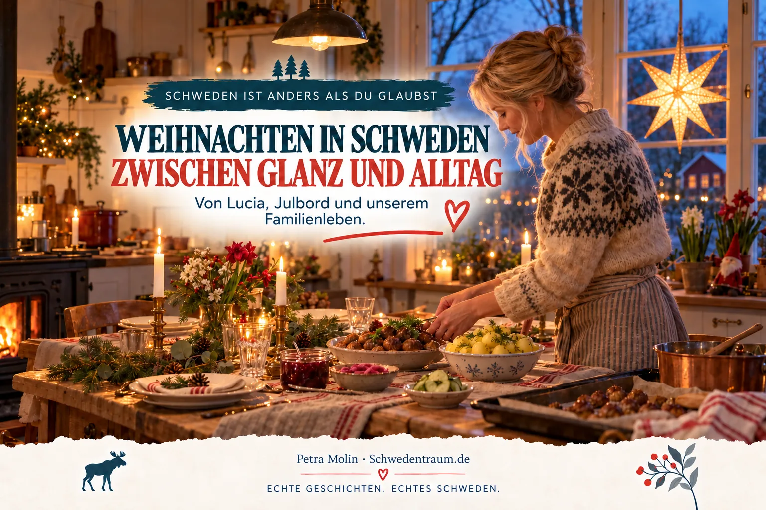 Eine Frau bereitet in einer warm beleuchteten Küche das Weihnachtsessen vor. Auf dem Tisch stehen Speisen, im Fenster leuchtet ein Stern.
