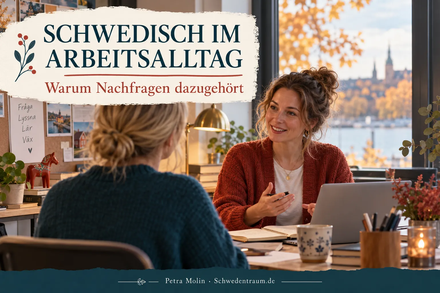 KI-generierte Szene mit zwei Kolleginnen im Gespräch an einem Arbeitsplatz.