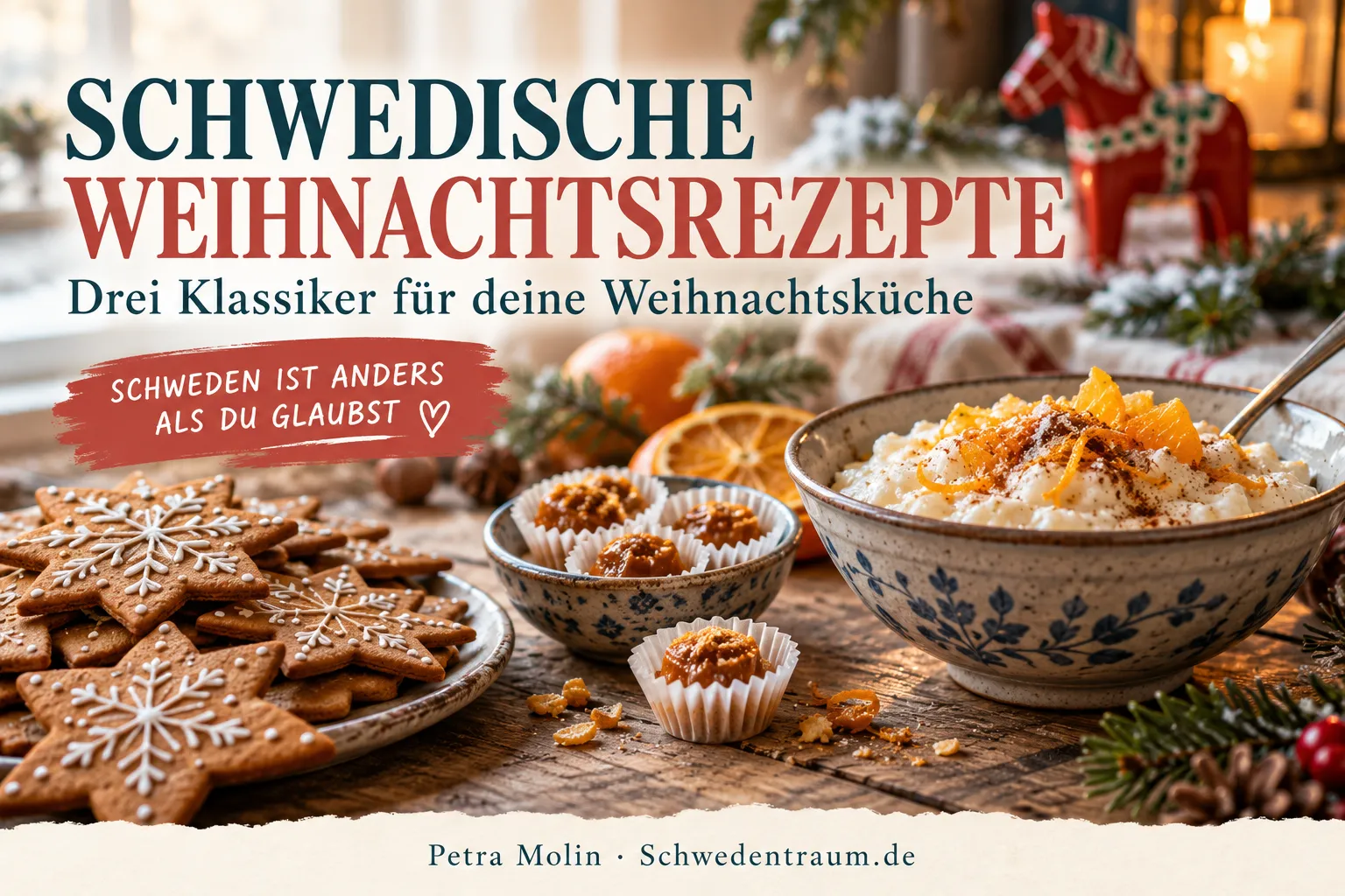 KI-generierte Weihnachtstafel mit Pepparkakor, cremigem Reis-Dessert mit Orange und Knäck in Papierförmchen.