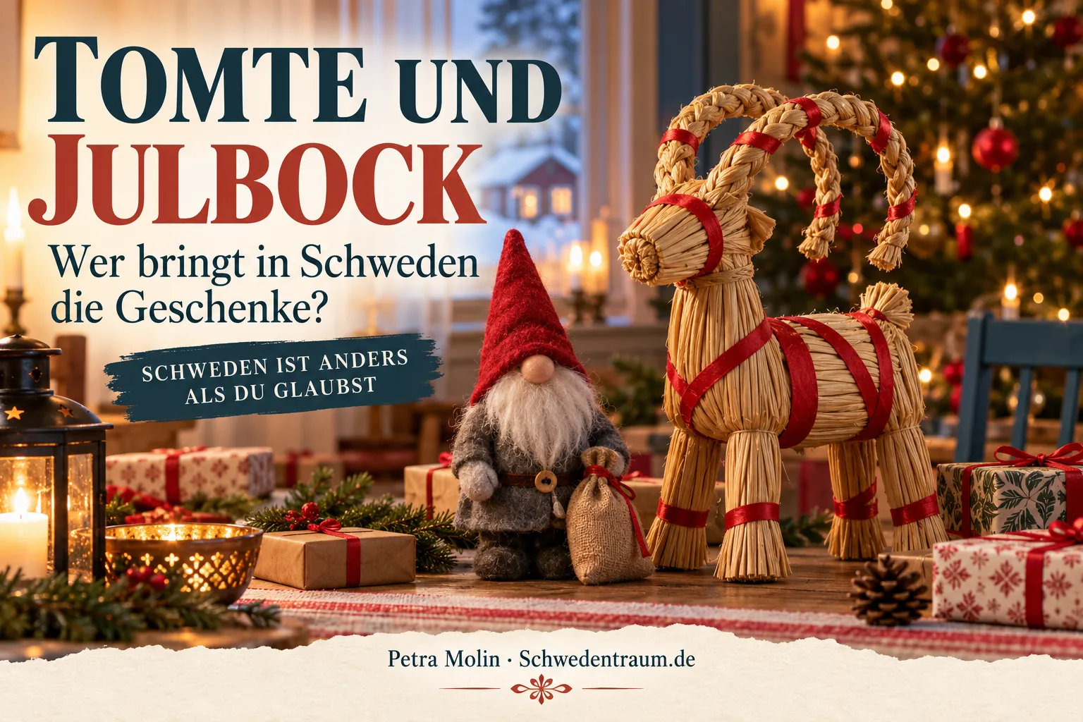 KI-generierte Szene mit Stroh-Julbock, kleiner Tomte-Figur und Geschenken auf einem weihnachtlichen Holztisch.