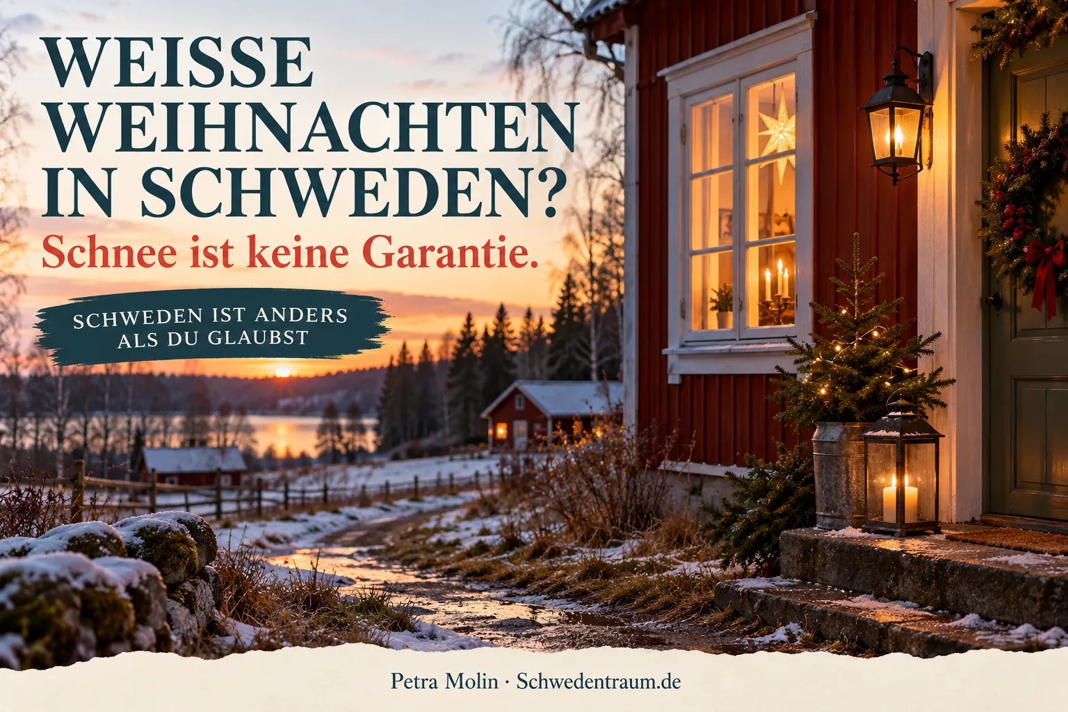 KI-generiertes rotes Holzhaus mit warmem Fensterlicht, dünnen Schneeresten und sichtbarem Gras an einem feuchten Winterweg.