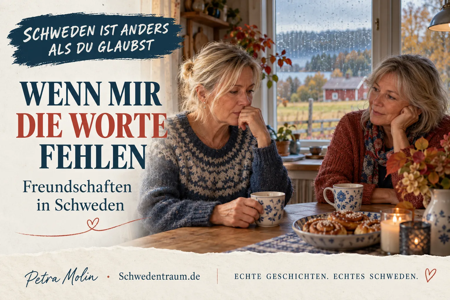 Zwei Frauen sitzen mit Kaffee an einem Küchentisch. Eine sucht beim Erzählen nach Worten, die andere hört zu. Auf dem Bild steht „Wenn mir die Worte fehlen“.